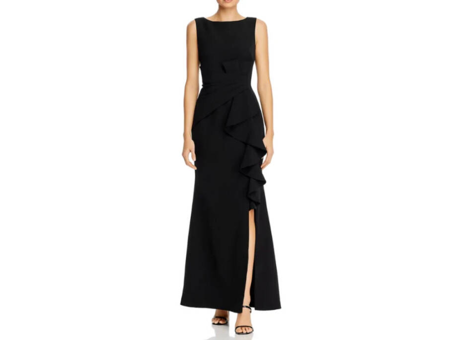 Eliza J Sleeveless Cascading-Ruffle Gown Women's 14 Black Boat Neck Back Zip