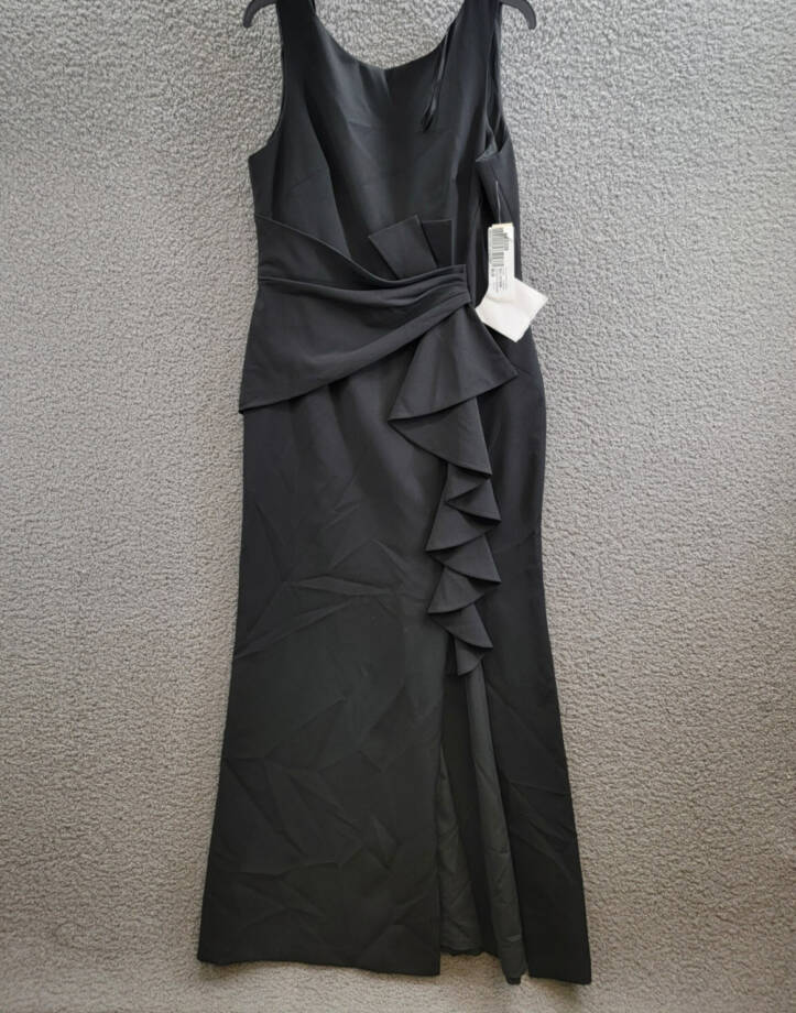 Eliza J Sleeveless Cascading-Ruffle Gown Women's 14 Black Boat Neck Back Zip