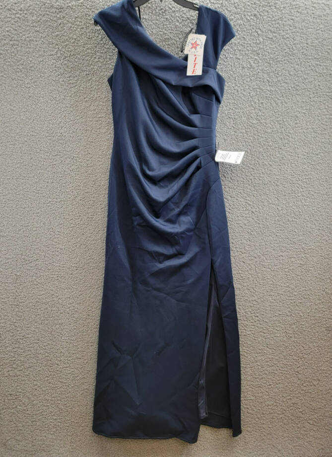 XSCAPE Petite Asymmetric Front Slit Evening Gown Women's 12P Midnight Back Zip