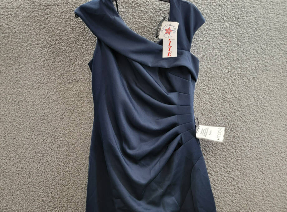 XSCAPE Petite Asymmetric Front Slit Evening Gown Women's 12P Midnight Back Zip