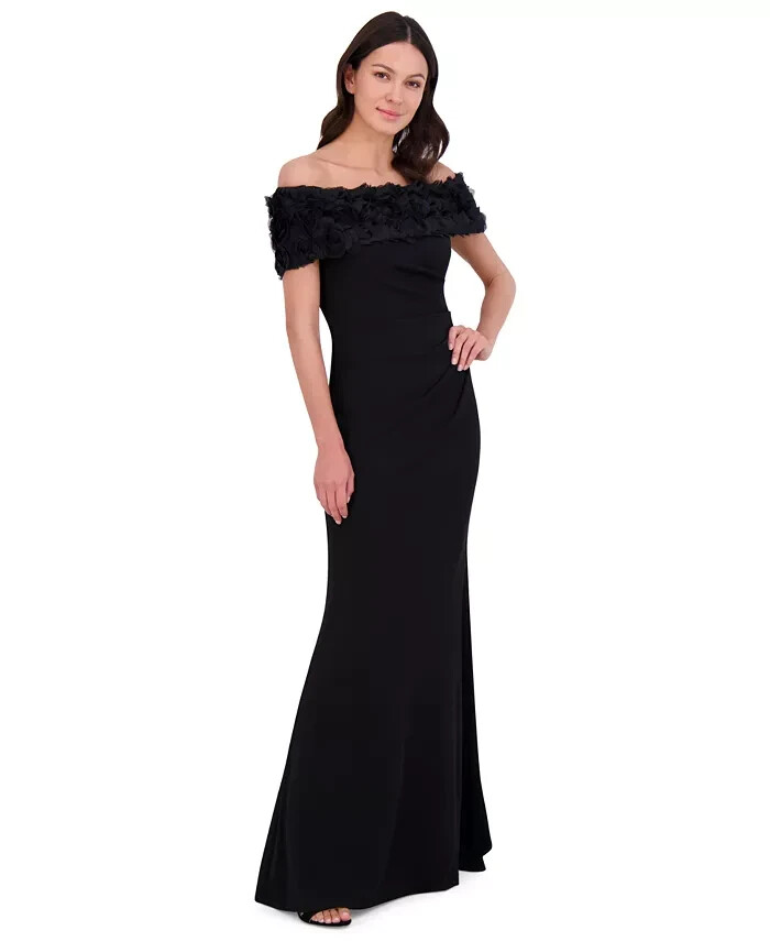 Eliza J Off-The-Shoulder Side-Ruched Gown Women's 6 Black Back Zip Closure S/S