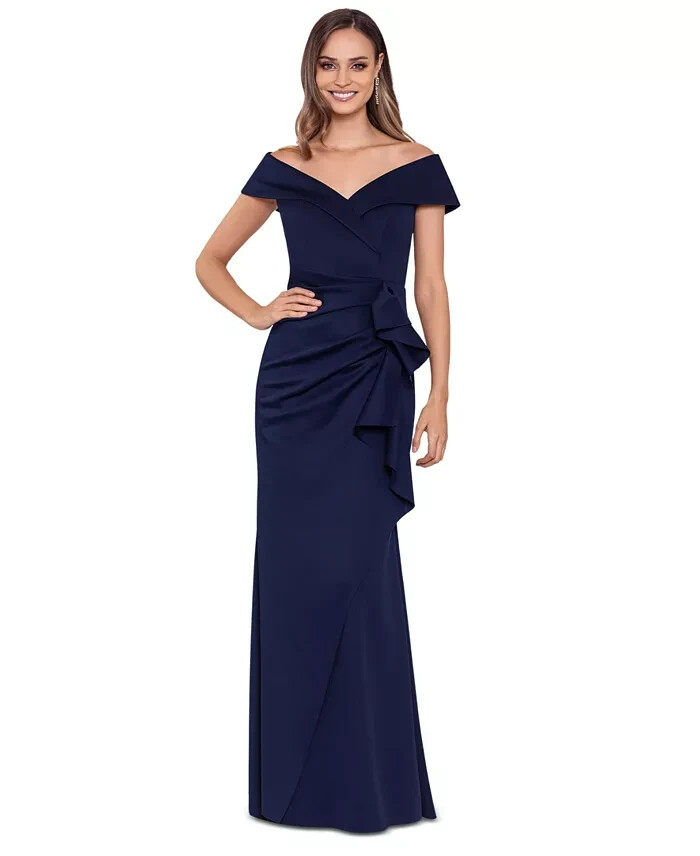 XSCAPE Petite Off-The-Shoulder Ruffle Gown Women's 14P Midnight Back Zip Closure
