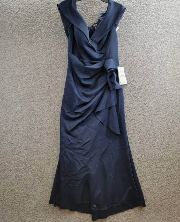 XSCAPE Petite Off-The-Shoulder Ruffle Gown Women's 14P Midnight Back Zip Closure