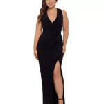 B&A By Betsy & Adam Plus Size Plunge-Neck Ruched Sleeveless Gown Women's 20W