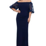 XSCAPE Plus Size Off-The-Shoulder Embellished-Sleeve Gown Women's 18W Navy Zip