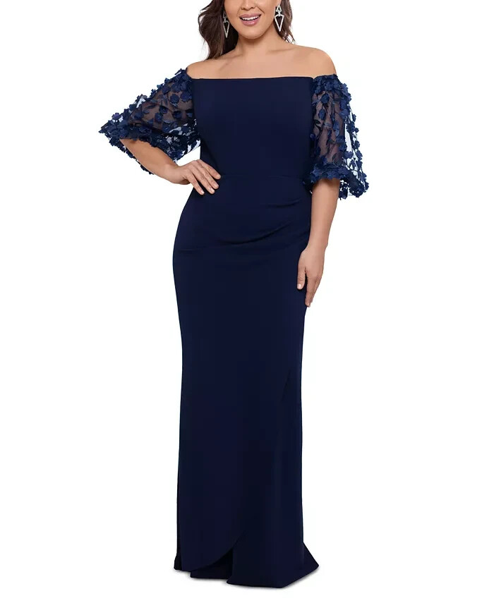 XSCAPE Plus Size Off-The-Shoulder Embellished-Sleeve Gown Women's 18W Navy Zip