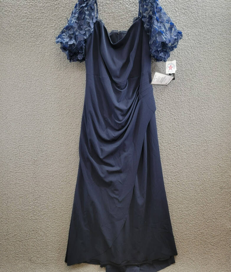 XSCAPE Plus Size Off-The-Shoulder Embellished-Sleeve Gown Women's 18W Navy Zip