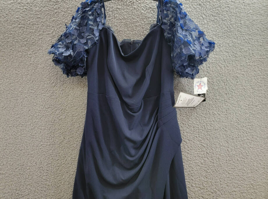 XSCAPE Plus Size Off-The-Shoulder Embellished-Sleeve Gown Women's 18W Navy Zip