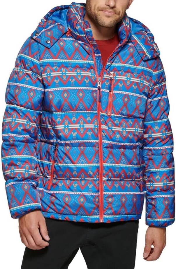 Club Room Performance Water Resistant Hooded Puffer Jacket Men's L Blue Multi