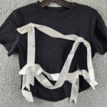 Madonna & Co. 3D Bows Crop T-Shirt Women's L Black Crew Neck Short Sleeve