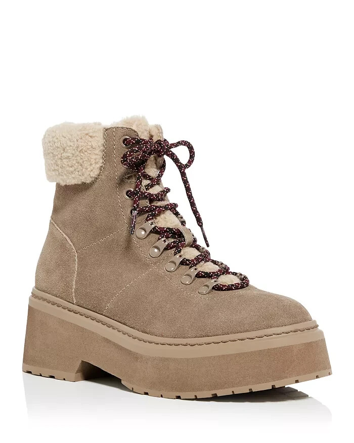 AQUA Thea Lace Up Cold Weather Boots Women's 6.5M Mushroom Cow Suede Round Toe