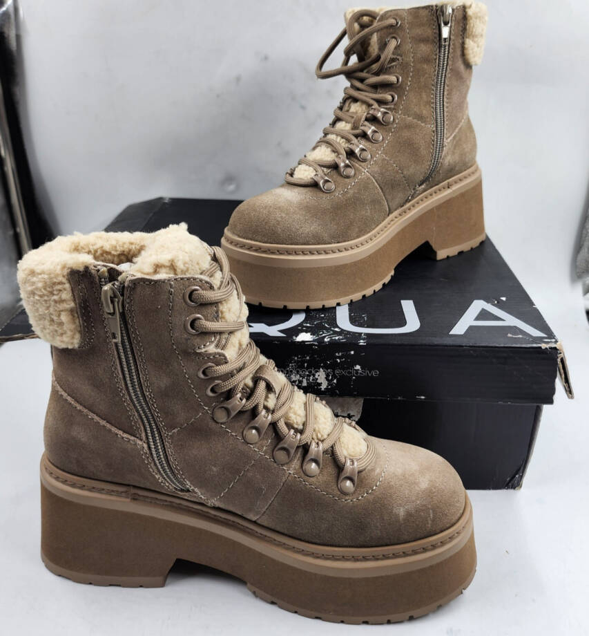 AQUA Thea Lace Up Cold Weather Boots Women's 6.5M Mushroom Cow Suede Round Toe