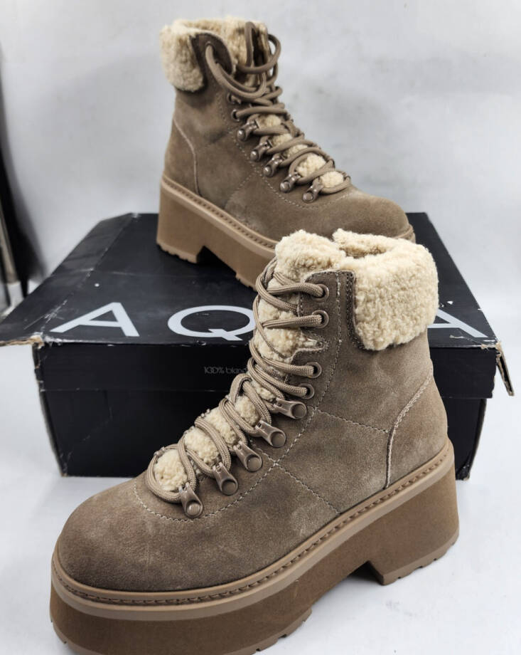 AQUA Thea Lace Up Cold Weather Boots Women's 6.5M Mushroom Cow Suede Round Toe
