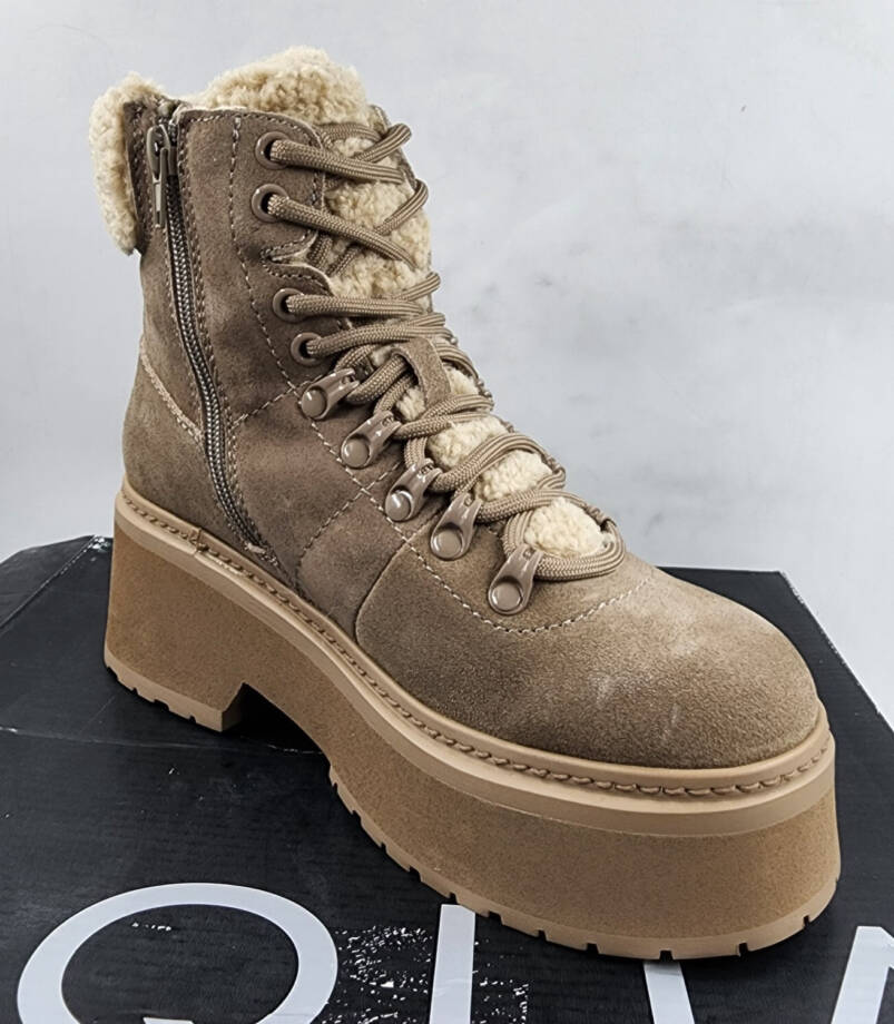 AQUA Thea Lace Up Cold Weather Boots Women's 6.5M Mushroom Cow Suede Round Toe
