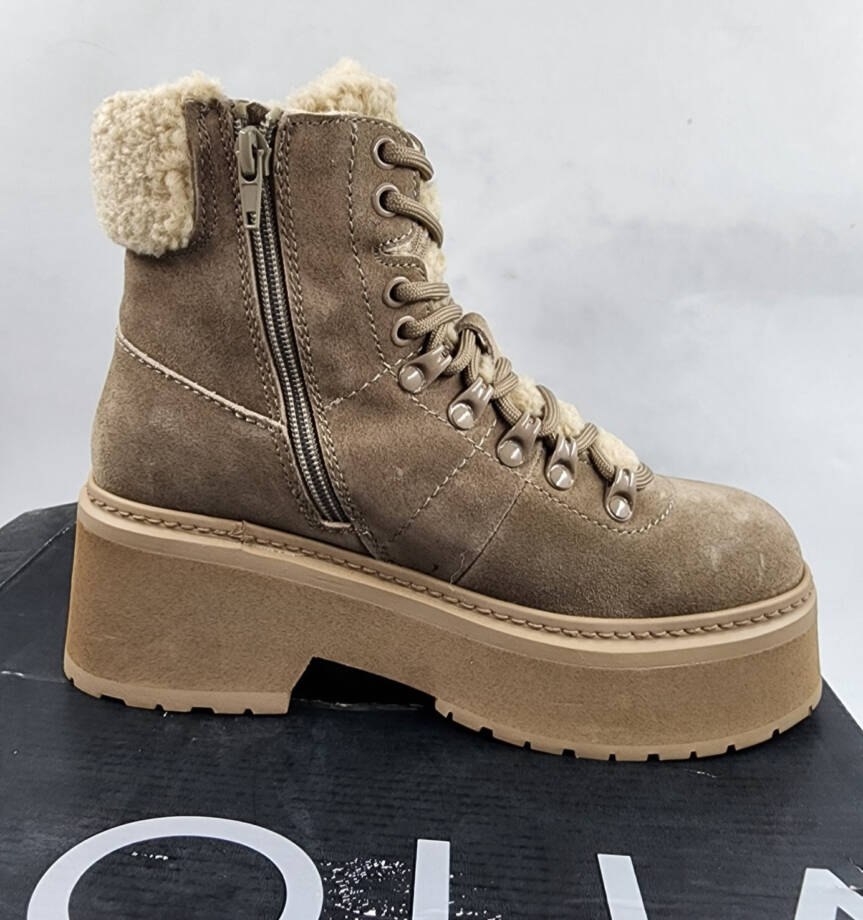 AQUA Thea Lace Up Cold Weather Boots Women's 6.5M Mushroom Cow Suede Round Toe