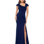 XSCAPE Petite Asymmetric Front Slit Evening Gown Women's 14P Midnight Back Zip