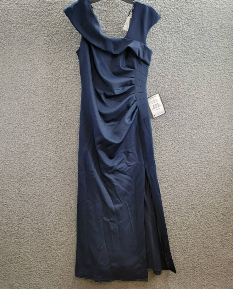 XSCAPE Petite Asymmetric Front Slit Evening Gown Women's 14P Midnight Back Zip