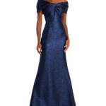 Teri Jon by Rickie Freeman Metallic Jacquard Twist Bodice Gown Womens 4 Sapphire