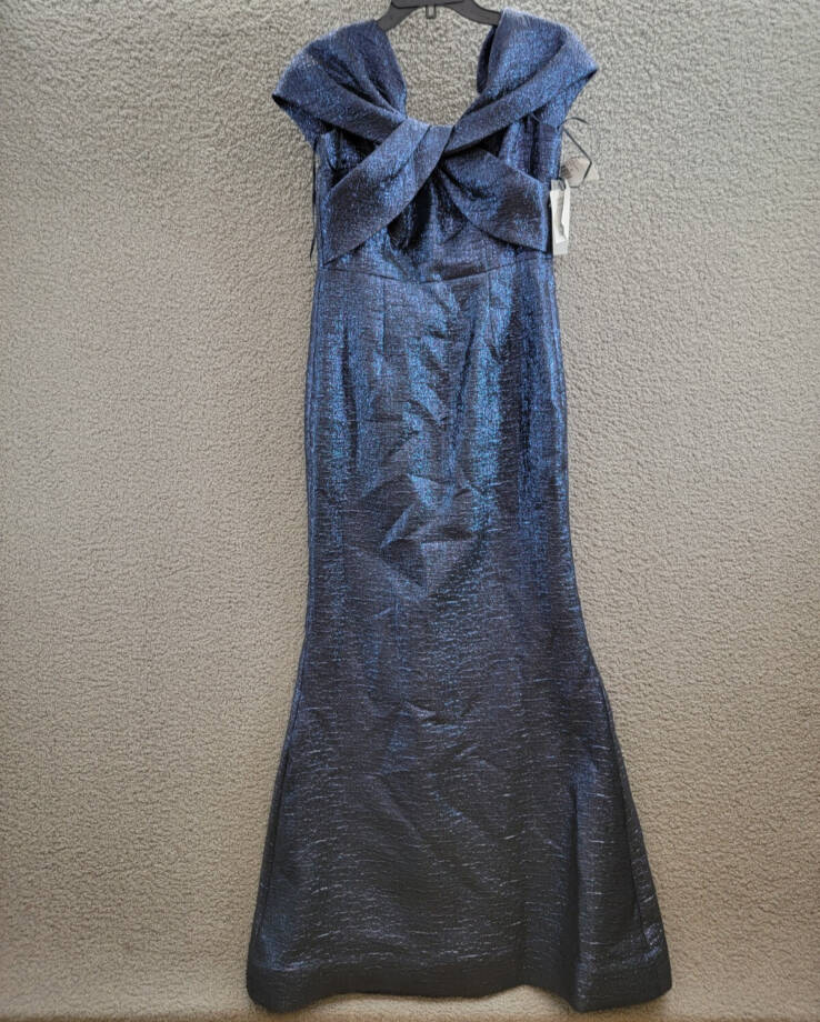 Teri Jon by Rickie Freeman Metallic Jacquard Twist Bodice Gown Womens 4 Sapphire