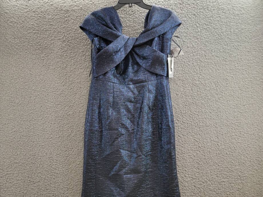 Teri Jon by Rickie Freeman Metallic Jacquard Twist Bodice Gown Womens 4 Sapphire