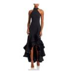 AQUA Racerback Ruffle Hem Gown Women's 4 Black Mock Neck Sleeveless Back Zip
