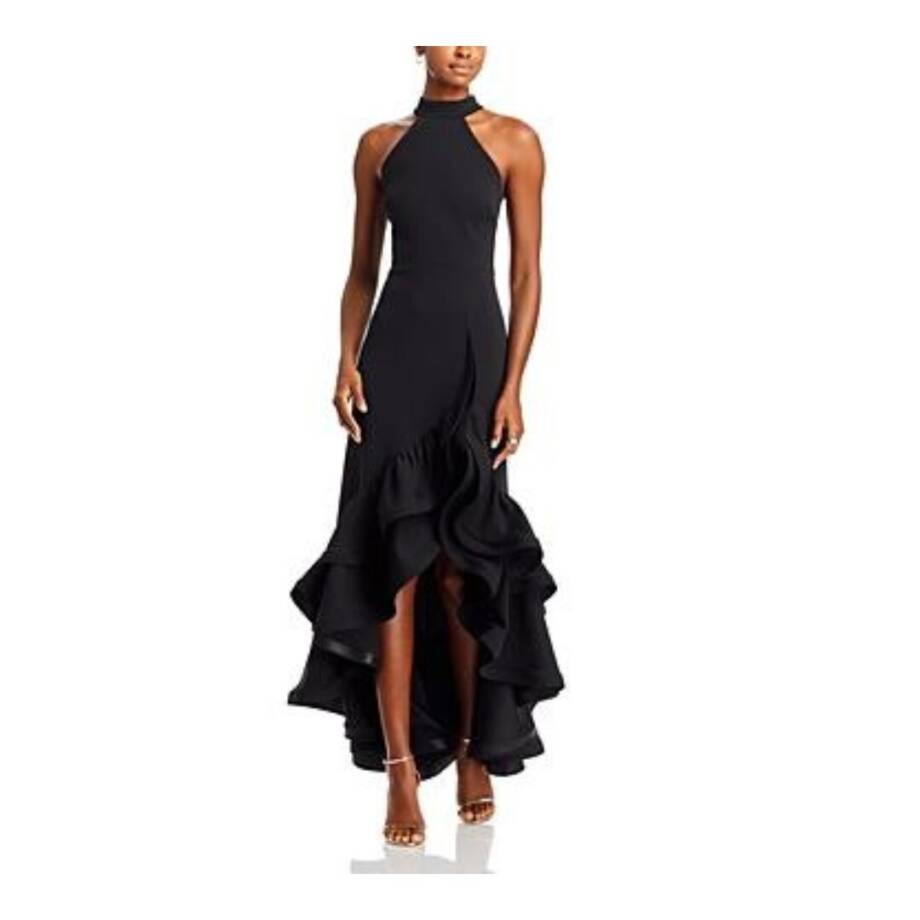 AQUA Racerback Ruffle Hem Gown Women's 4 Black Mock Neck Sleeveless Back Zip
