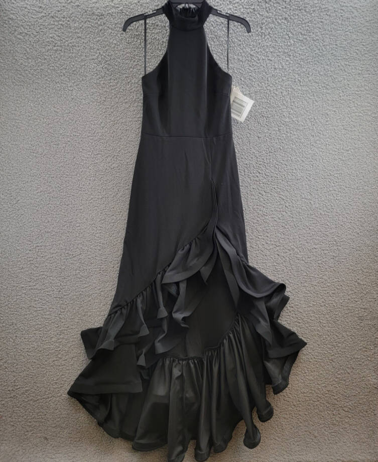 AQUA Racerback Ruffle Hem Gown Women's 4 Black Mock Neck Sleeveless Back Zip