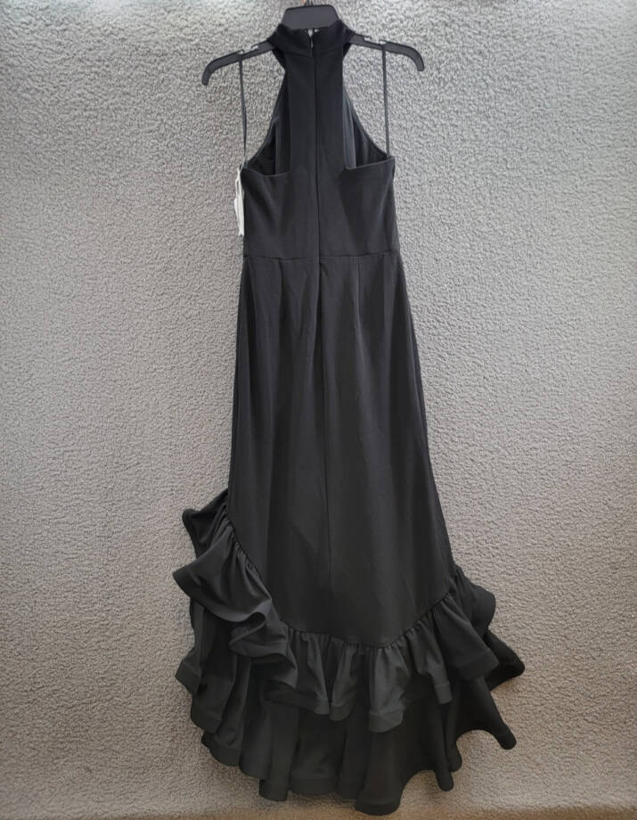 AQUA Racerback Ruffle Hem Gown Women's 4 Black Mock Neck Sleeveless Back Zip