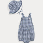 Ralph Lauren Gingham Madras Bubble Shortall & Hat Set Baby Girls 6M Blue Snap Up