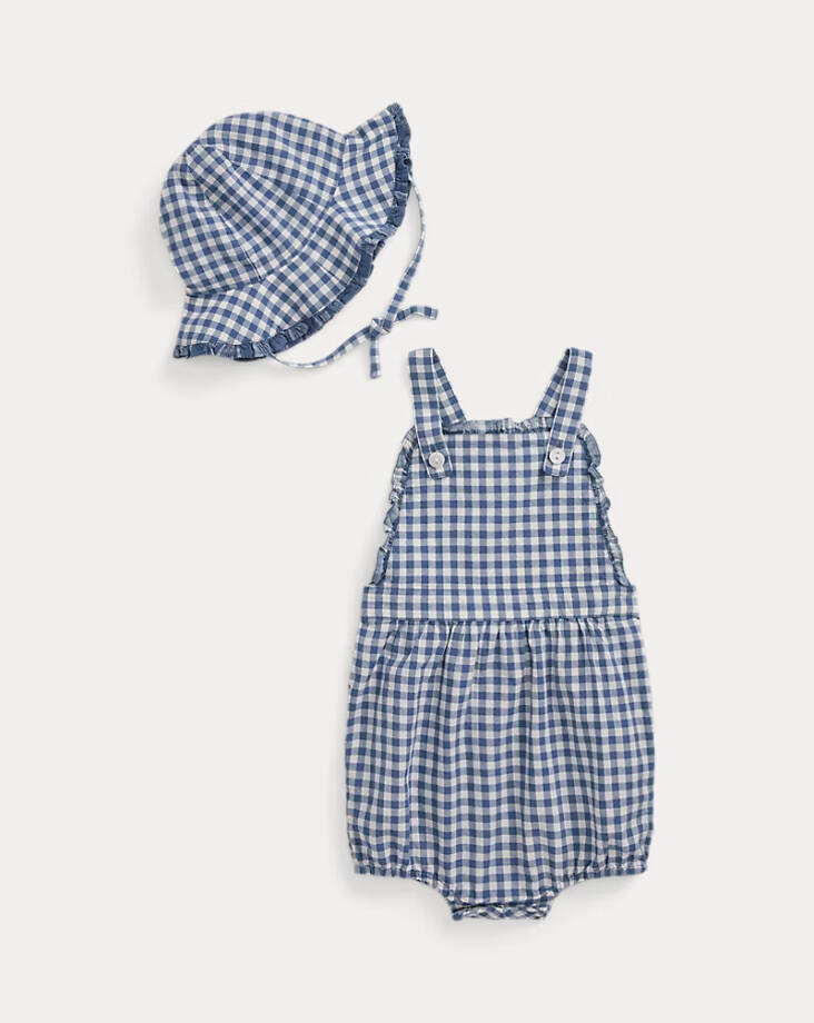 Ralph Lauren Gingham Madras Bubble Shortall & Hat Set Baby Girls 6M Blue Snap Up