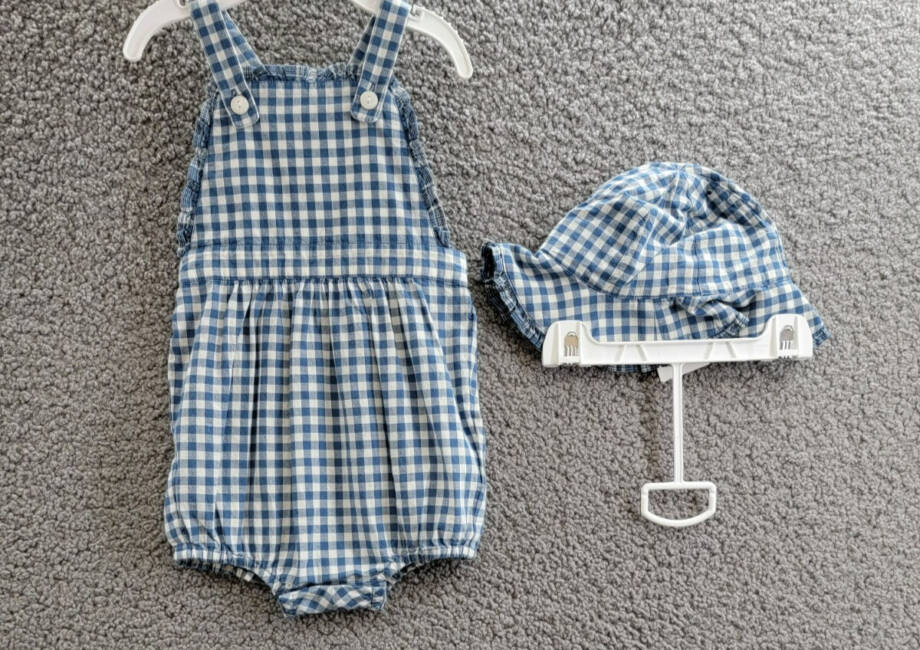 Ralph Lauren Gingham Madras Bubble Shortall & Hat Set Baby Girls 6M Blue Snap Up