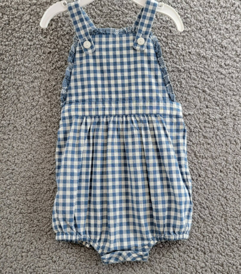 Ralph Lauren Gingham Madras Bubble Shortall & Hat Set Baby Girls 6M Blue Snap Up