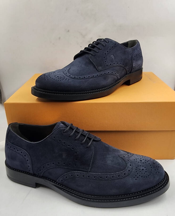 Tod's Bucature Forma Wingtip Derby Dress Shoes Men's Navy Blue Lace Up 8.5 US