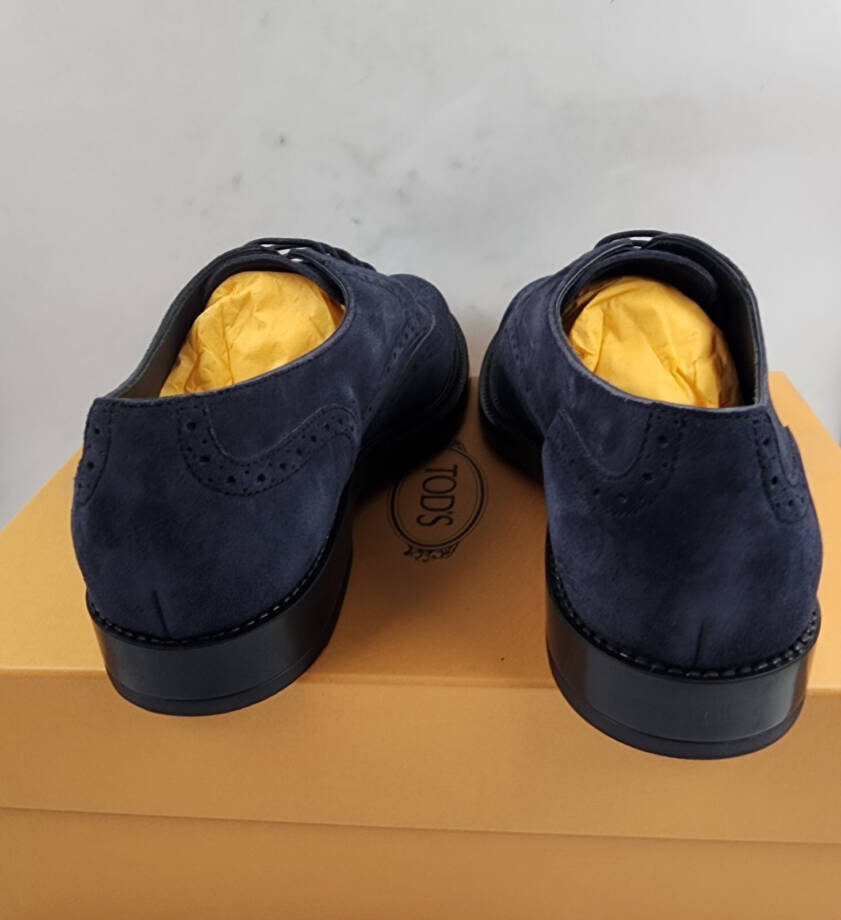 Tod's Bucature Forma Wingtip Derby Dress Shoes Men's Navy Blue Lace Up 8.5 US