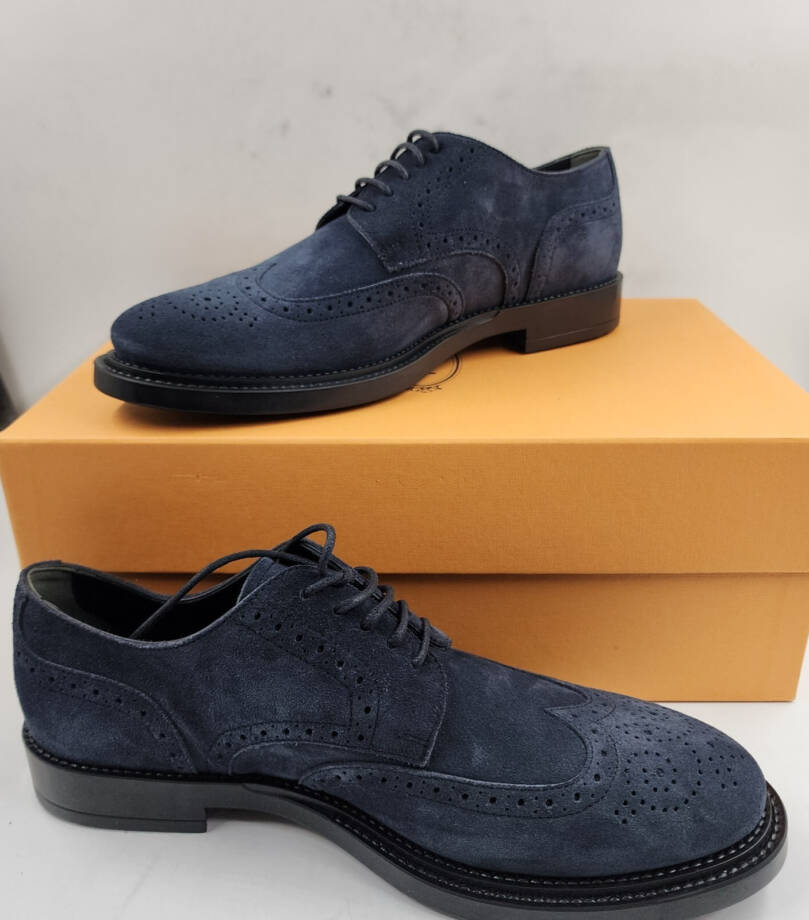 Tod's Bucature Forma Wingtip Derby Dress Shoes Men's Navy Blue Lace Up 8