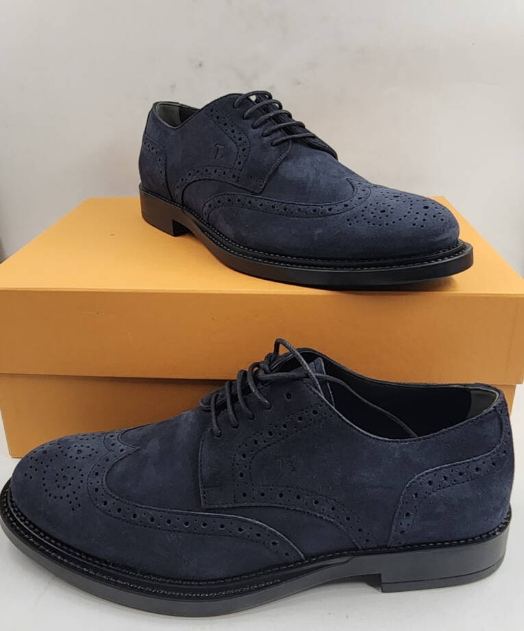 Tod's Bucature Forma Wingtip Derby Dress Shoes Men's Navy Blue Lace Up 8