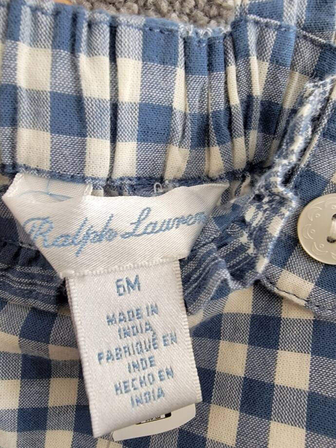 Ralph Lauren Gingham Madras Bubble Shortall & Hat Set Baby Girls 6M Blue Snap Up