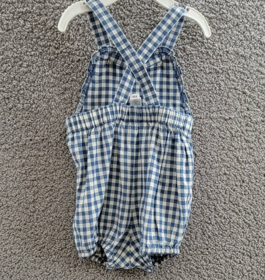 Ralph Lauren Gingham Madras Bubble Shortall & Hat Set Baby Girls 6M Blue Snap Up
