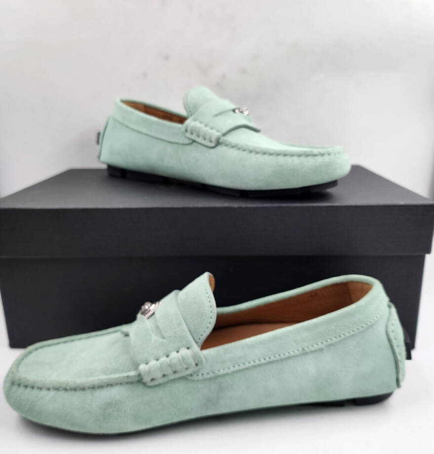 Versace Medusa Coin Penny Driving Loafer Men's 40 Mint Green Moc Toe Slip On