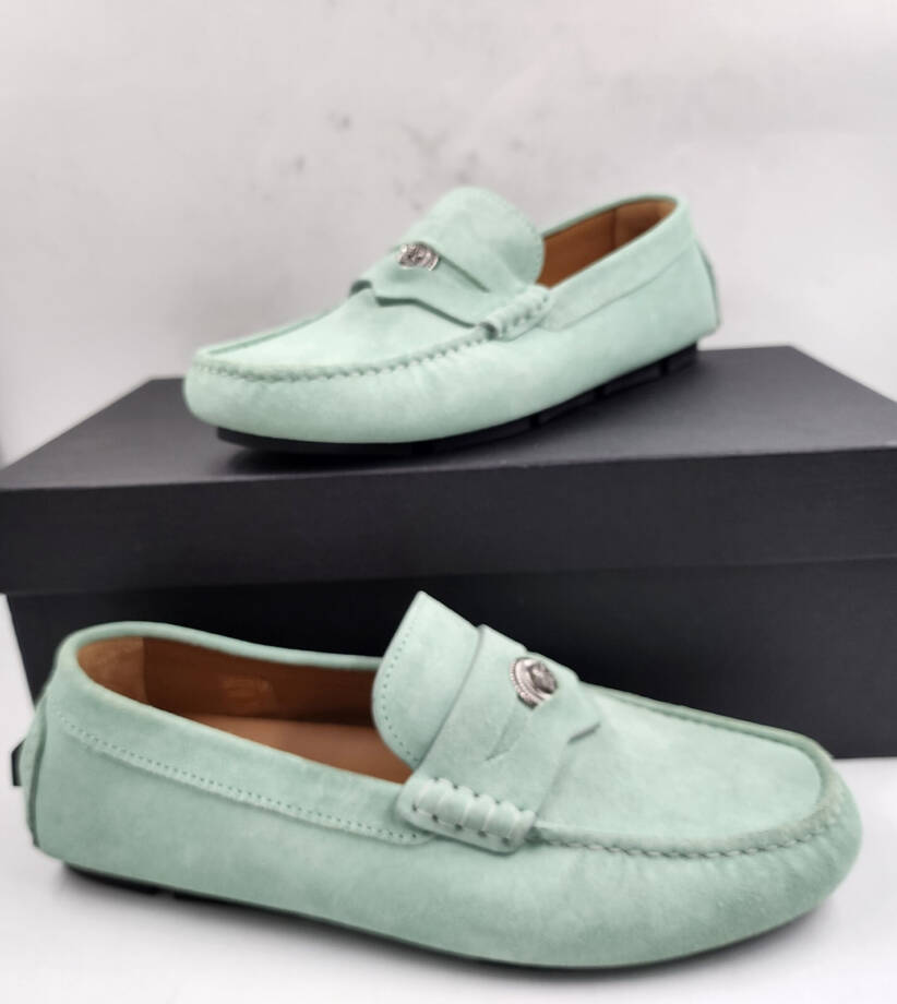 Versace Medusa Coin Penny Driving Loafer Men's 40 Mint Green Moc Toe Slip On