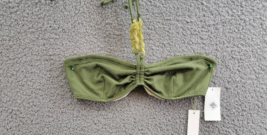 Shoshanna Cinched Chain Bikini Top Women's B Olive Halter Neck Hook & Eye Back