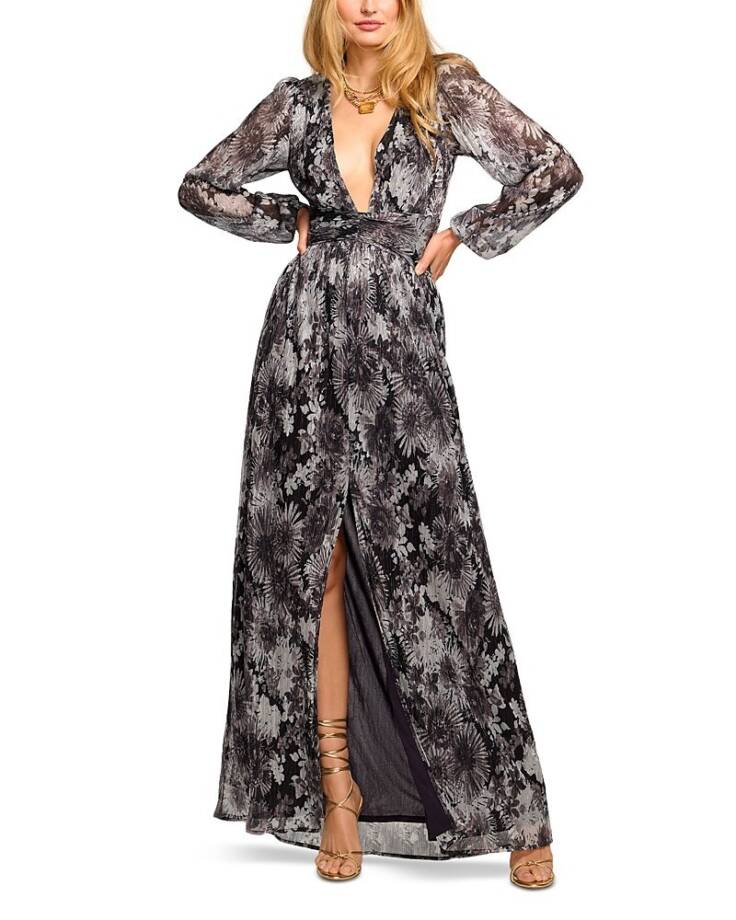 Ramy Brook Estelle Metallic Gown Women's 2 Dove Grey Floral Back Zip Closure