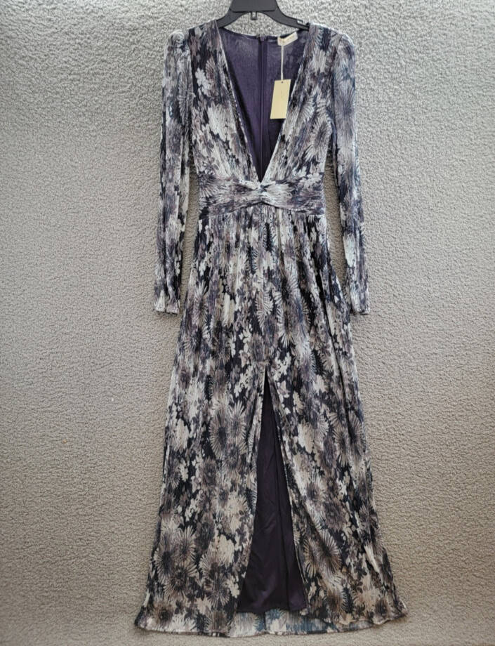 Ramy Brook Estelle Metallic Gown Women's 2 Dove Grey Floral Back Zip Closure