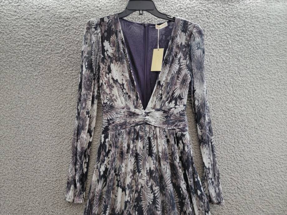 Ramy Brook Estelle Metallic Gown Women's 2 Dove Grey Floral Back Zip Closure