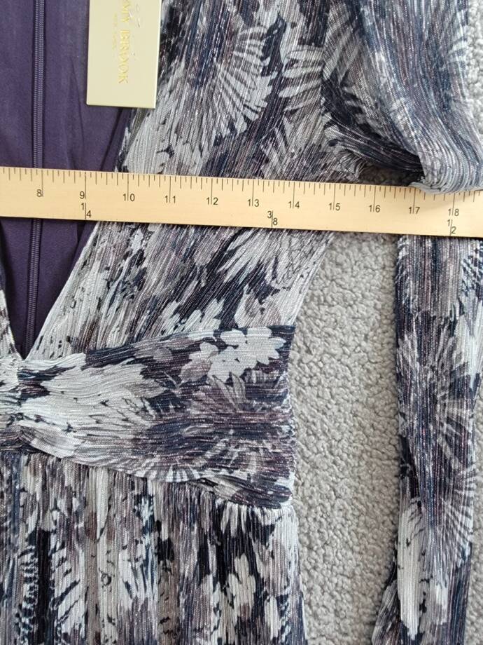 Ramy Brook Estelle Metallic Gown Women's 2 Dove Grey Floral Back Zip Closure