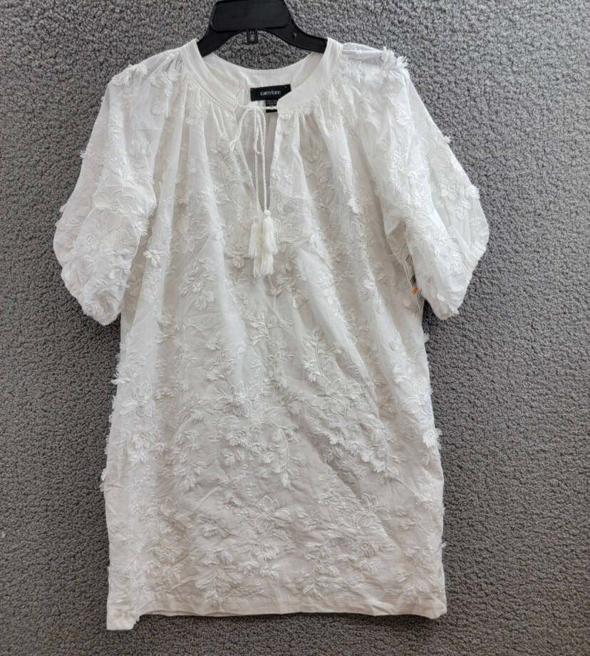 Karen Kane Embroidered Tassel Shift Dress Women's S Off White Pullover Style