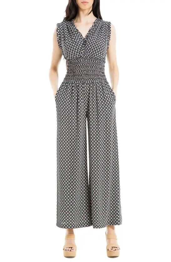 Max Studio Shirred Medallion Print Jumpsuit Women's XS Black/White V-Neck PullOn