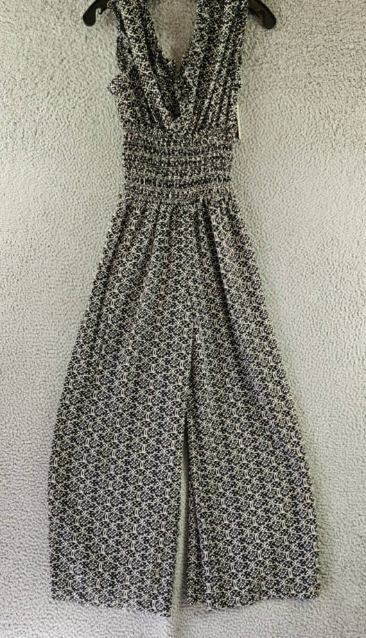 Max Studio Shirred Medallion Print Jumpsuit Women's XS Black/White V-Neck PullOn