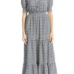 MAX STUDIO Georgette Smocked Maxi Dress Women's XL Black/White Floral Pullover