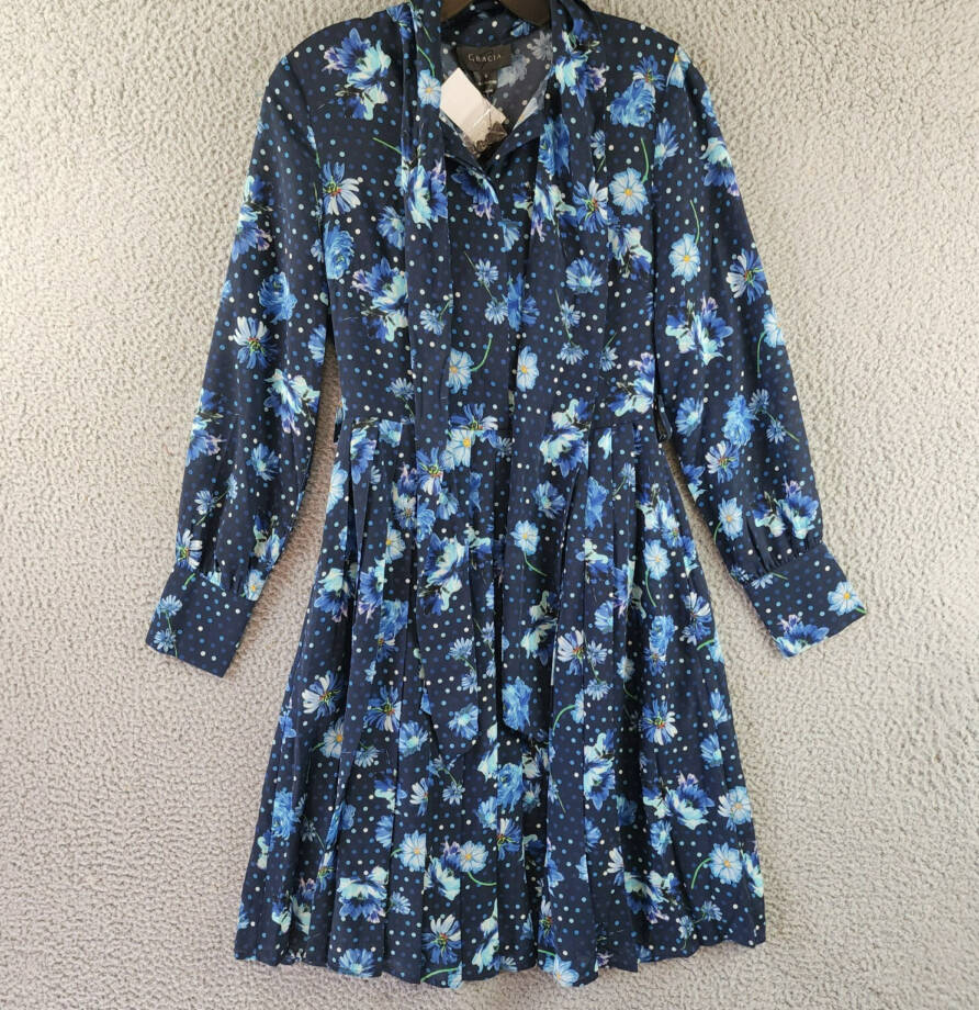 Gracia Belted Mini Dress Women's S Black Multi Floral Scarf Neck Long Sleeve